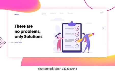 Project Management Business Concept with People Characters Fill in Check Boxes with Giant Pencil. Checklist Banner with Man and Woman for Website, Web Page. Flat Vector Illustration
