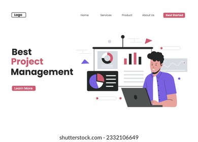 Project management business landing page. Flat vector illustration isolated on white background