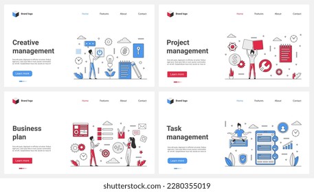 Project management, business plan and list task set vector illustration. Cartoon tiny people work with software for visual report, creative methods and digital system for business company development