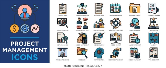 gerenciamento de projetos, projeto, negócios, gerenciamento, planejamento, conjunto de ícones de plano. Coleção de ícones de tópicos. Ilustração de vetor simples	