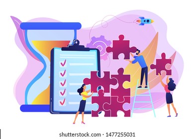 Project management. Business process and planning, workflow organization. Colleagues working together, teamwork. Project delivery concept. Bright vibrant violet vector isolated illustration