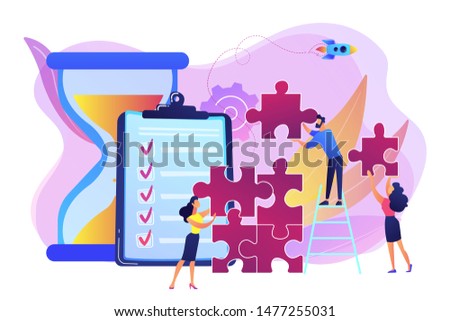 Project management. Business process and planning, workflow organization. Colleagues working together, teamwork. Project delivery concept. Bright vibrant violet vector isolated illustration