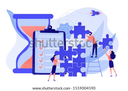 Project management. Business process and planning, workflow organization. Colleagues working together, teamwork. Project delivery concept. Pinkish coral bluevector isolated illustration