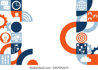 Gestión de proyectos o decoración de informes de planificación de estrategia empresarial, para el diseño de folletos o presentaciones de diapositivas. Patrón geométrico para márgenes izquierdo y derecho con muchos pictogramas simbólicos