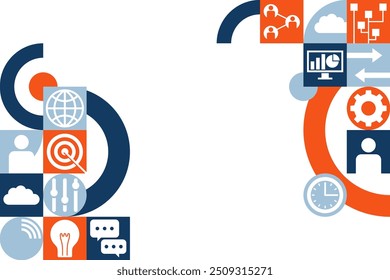 Gestión de proyectos o decoración de informes de planificación de estrategia empresarial, para el diseño de folletos o presentaciones de diapositivas. Patrón geométrico para márgenes izquierdo y derecho con muchos pictogramas simbólicos