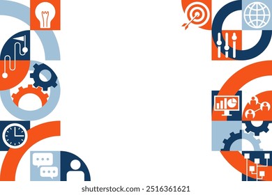 Decoração de relatório de gerenciamento de projetos ou de planejamento de estratégia de negócios, para layout de folheto ou apresentação de slides. Padrão geométrico para margens esquerda e direita com muitos pictogramas simbólicos