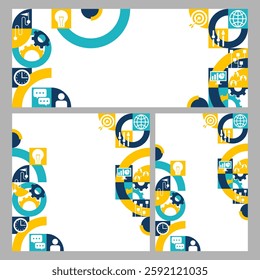 Project management or Business strategy planning decoration. Banner set in different aspect ratio - wide, square and vertical, with many symbolic pictograms