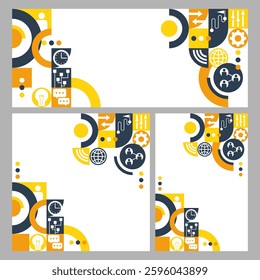 Project management or Business strategy planning decoration. Banner set in different aspect ratio - wide, square and vertical, with many symbolic pictograms