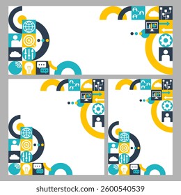 Project management or Business strategy planning decoration. Banner set in different aspect ratio - wide, square and vertical, with many symbolic pictograms