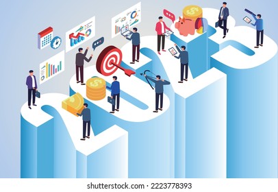 Project management, business teams working together, workflow, business data analysis with new work plans and new vision, isometric business teams working and activities on Digital 2023