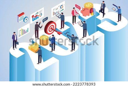 Project management, business teams working together, workflow, business data analysis with new work plans and new vision, isometric business teams working and activities on Digital 2023