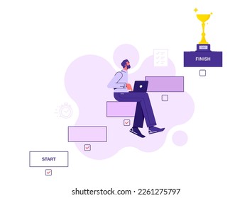 Project management or business project timeline concept. Male employee at middle step of ladder, stages of successful business project. Flat vector illustration