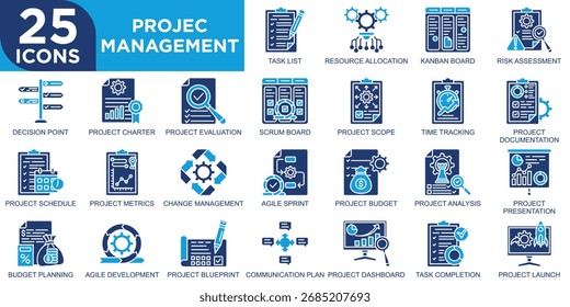 Projektmanagement, Business, Projekt, Arbeit, Büro, Management-Symbolsatz. Kollektion von Gliederungssymbolen. Einfache Vektorgrafik