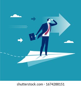 Project management. Businessman balances and flies on paper plane. Business vector illustration