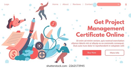 Certificado de gestión de proyectos en línea, obtener educación e iniciar carrera. Cursos y lecciones, clases con profesionales y especialistas. Página de aterrizaje del sitio web, sitio de Internet, vector en plano