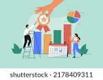 Project management certification and performance standard tiny person concept. Quality check for work flow, efficiency and planning vector illustration. Organization system approval and analytic test.