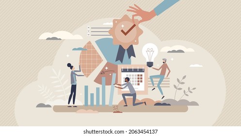 Project management certification and performance standard tiny person concept. Quality check for work flow, efficiency and planning vector illustration. Organization system approval and analytic test.
