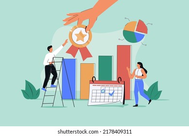 Project management certification and performance standard tiny person concept. Quality check for work flow, efficiency and planning vector illustration. Organization system approval and analytic test.