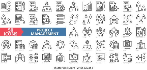 Project management collection set. Containing organization structure, time, team, investment, relation, inefficiency, investment icon. Simple line vector.