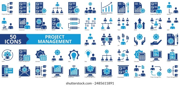 Project management collection set. Containing organization structure, time, team, investment, relation, inefficiency, investment icon. Simple flat vector.