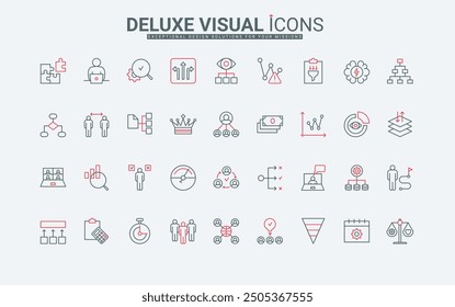 Project management, company infrastructure for productivity growth line icons set. Business team organization, success algorithm and procedures thin black and red outline symbols vector illustration