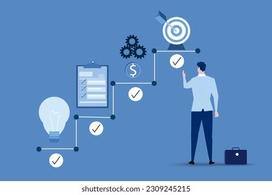Project management, concept banner. Confident businessman finished successful project. Male employee on last stage of business plan. Target on top.vector illustration.