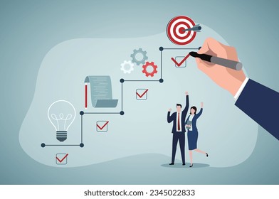 Administración de proyectos, banner conceptual. El equipo de negocios confiado terminó el proyecto exitoso.Destino en la parte superior. Elementos comerciales, signos. Ilustración vectorial plana