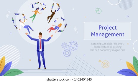 Project Management Concept Banner Vector Illustration. Leader Of Working Group. Manager, Designer, Programmer And Other Colleagues Working Together As Team. Juggling Man. Work Together.