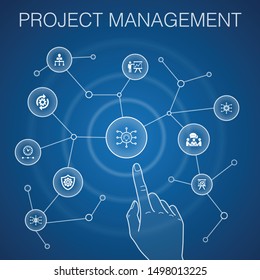 Project management concept, blue background.Project presentation, Meeting, workflow, Risk management icons