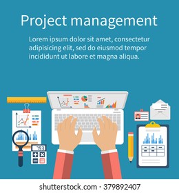 Project management concept. Business analysis, planning, financial report, management, development. Flat design, vector. Top view businessman, workplace analyzing.