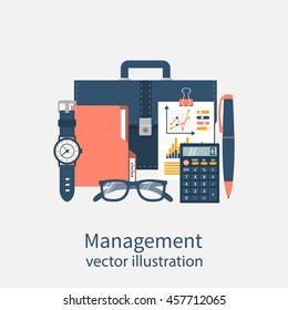 Project management, concept. Business planning. Time management. Flat design style vector illustration. Set of accessories for a successful business.
