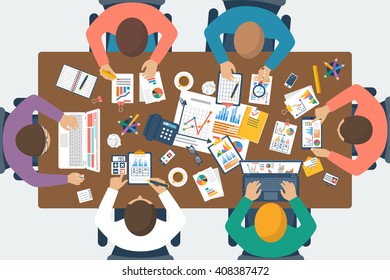 Project management concept. Business team work on projects. Brainstorming. Business meeting, planning strategy, analysis, marketing research, financial management. Flat design, vector.