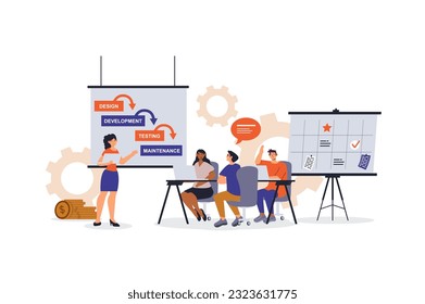 Concepto de gestión de proyectos con escena de caracteres para web. :: Mujeres y hombres que desarrollan y planifican tareas y elaboran listas de verificación por etapas. La gente se encuentra en un diseño plano. Ilustración vectorial para material de comercialización.