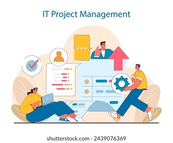 IT Project Management concept. The coordination of tasks, collaborative effort, and the gearwork of development. Captures the essence of digital project lifecycle. Flat vector illustration.