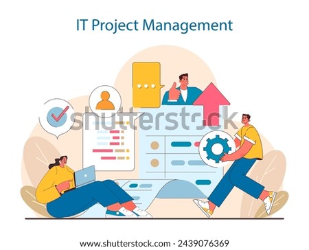 IT Project Management concept. The coordination of tasks, collaborative effort, and the gearwork of development. Captures the essence of digital project lifecycle. Flat vector illustration.