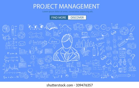 Concepto de Gestión de Proyectos con estilo de diseño Doodle: entrevista de personas, pruebas de habilidades, selección clara. Ilustración de estilo moderno para banners web, folletos y volantes.