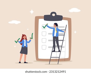 Project management concept. Finishing todo list, work checklist or accomplishment, teamwork to get work done, complete plan, businessman coworkers help put checkmark on checkbox task list clipboard.