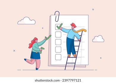 Project management concept. Finishing todo list, work checklist or accomplishment, teamwork to get work done, complete plan, businessman coworkers help put checkmark on checkbox task list clipboard.