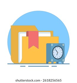 Project Management Concept. Folder with Clock. data management, folder, project goals, Project Management and time symbol, management, process. Flat Design Illustration on Background.
