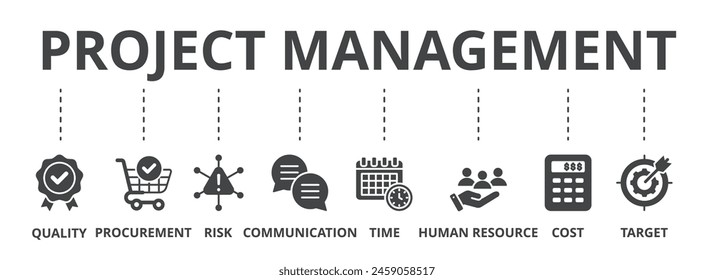 Project management concept icon illustration contain quality, procurement, risk, communication, time, human resource, cost and target.