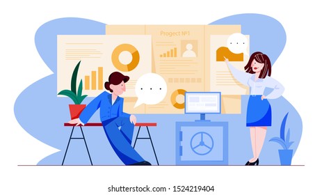 Project management concept. Idea of business process and strategy analysis. Woman point at diagram. Isolated flat vector illustration