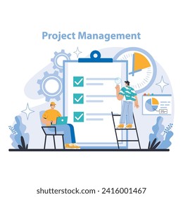 Concepto de gestión de proyectos. Ilustración del trabajo en equipo en acción, centrado en la finalización de tareas, la gestión del tiempo y el seguimiento de los progresos. Colaboración y eficiencia en los procesos operacionales.