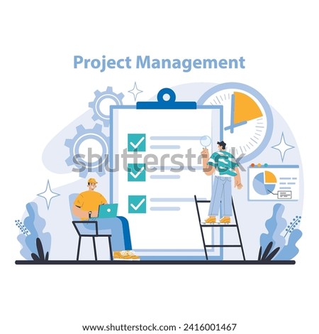 Project Management concept. Illustration of teamwork in action, focusing on task completion, time management, and progress tracking. Collaboration and efficiency in operational processes.