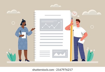 Project management concept. Man and woman stand next to document. Colleagues explore data, analytical department. Graphs, charts and working with statistics. Cartoon flat vector illustration