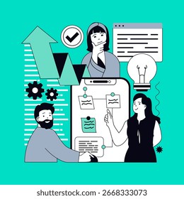 Project management concept for modern web design. People thinking and brainstorming, creating marketing strategy, development of system with schedule notes, research workflow. Vector illustration.