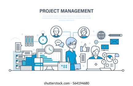 Project Management Concept. The Organization Of The Working Process And Time, Business Planning, Statistics, Analysis, Teamwork. Illustration Thin Line Design Of Vector Doodles, Infographics Elements.