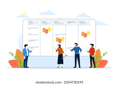 project management concept, organize and plan work project, businessman teamwork meeting for project planning concept. cartoon character design, flat vector illustration on white background.