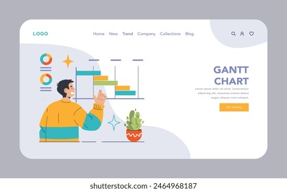 Concepto de gestión de proyectos. Profesional que interactúa con un diagrama de Gantt para la programación de tareas y la organización de la escala de tiempo. Herramientas de seguimiento de proyectos visualizadas. Ilustración vectorial plana