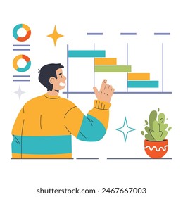 Concepto de gestión de proyectos. Profesional que interactúa con un diagrama de Gantt para la programación de tareas y la organización de la escala de tiempo. Herramientas de seguimiento de proyectos visualizadas. Ilustración vectorial plana