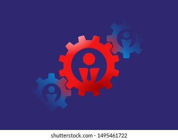 Project management concept - professional manager intermediary between customer and developer - people icons inside gears